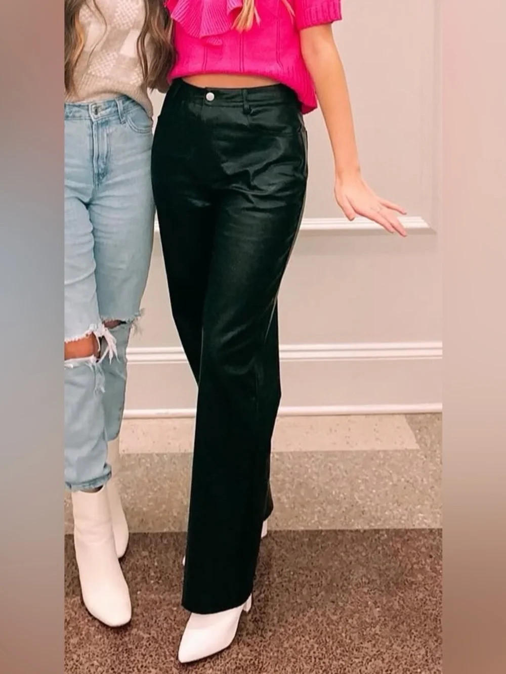 Women's Black Faux Leather Straight-Leg Pants